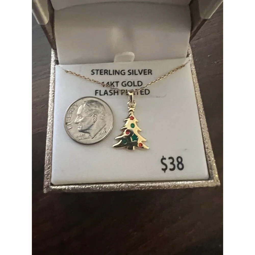 Necklace Pendant Christmas tree sterling silver gold plated new in box